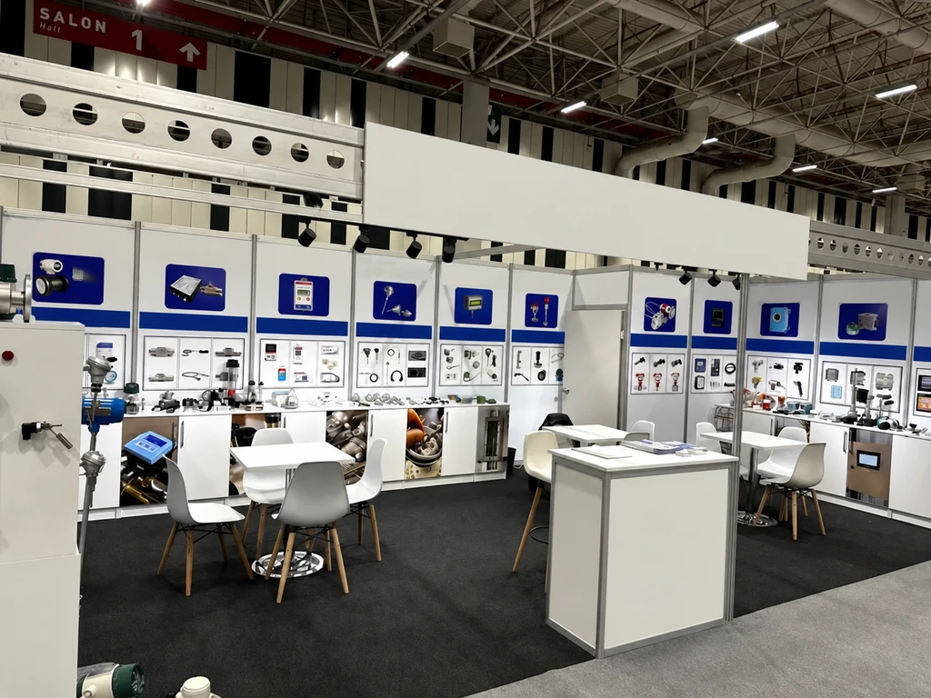 Detailed view of technical product panels, display cabinets and the exhibition reception counter