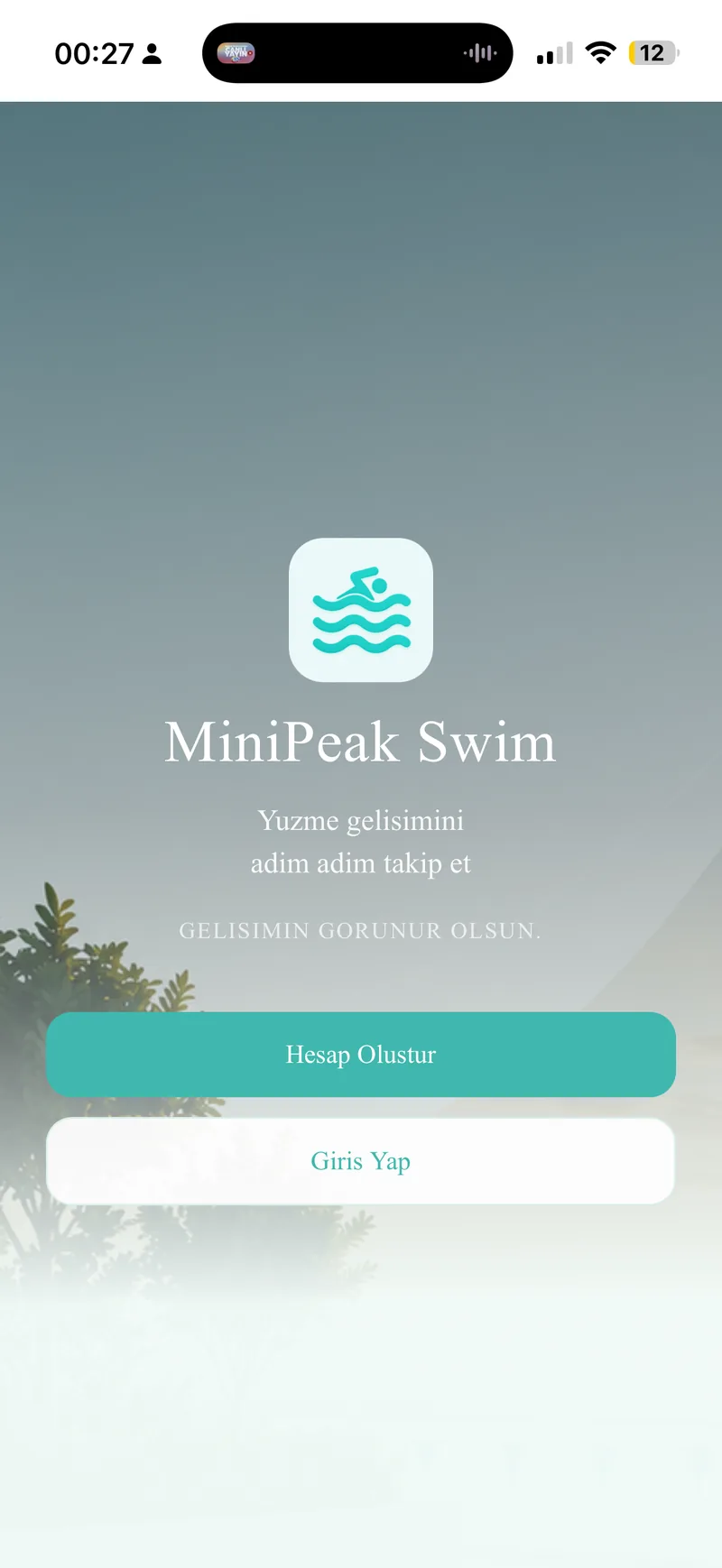 MiniPeak Swim PWA home screen showing the app branding and login